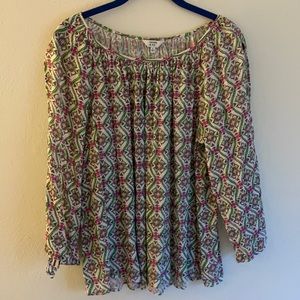 crown & ivy white, green, & pink open arm blouse